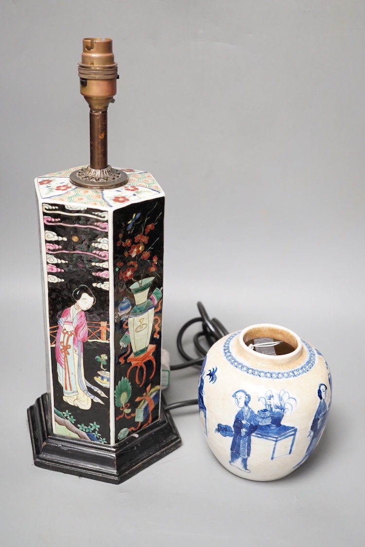 A Chinese famille noire hexagonal vase mounted as a lamp, total height 39 cm and a blue and white crackle glaze jar, late 19th century